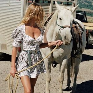 For Love and Lemons New Puff Sleeve Taggart Mini Dress in Blue floral NWT XS